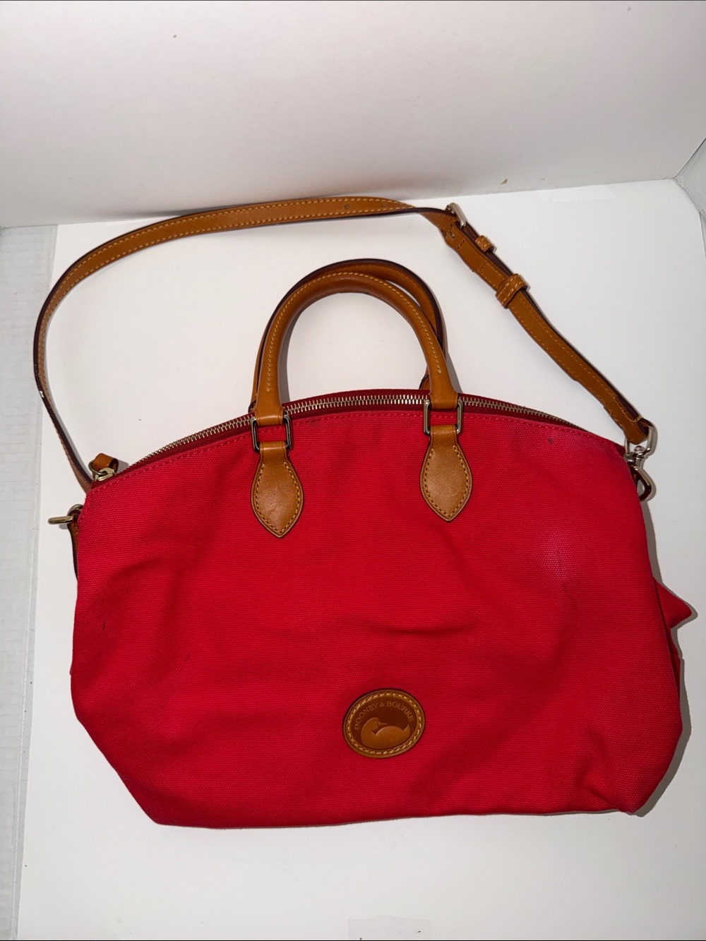 Dooney & Bourke Bright Red Canvas Tote with Tan Leather Accents
